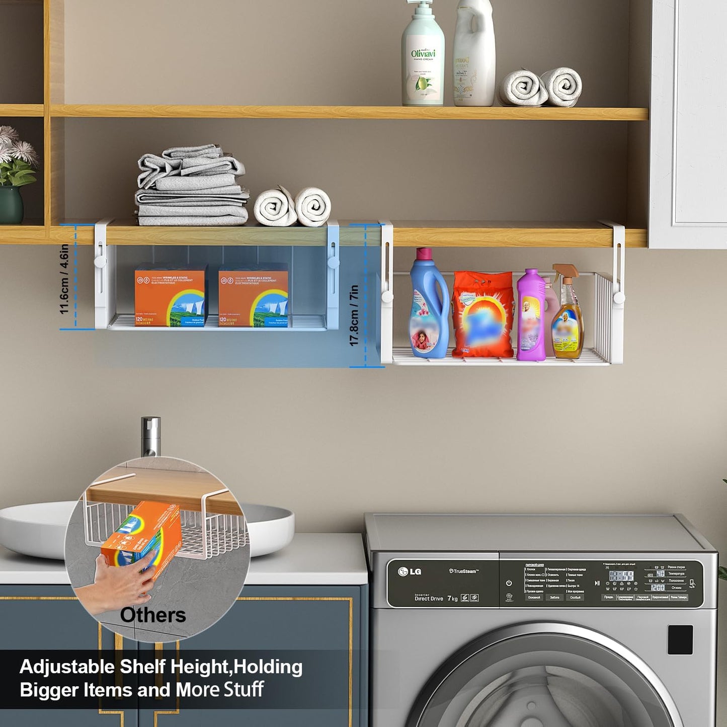 2Pack Under Shelf Basket Organizer,Adjustable Hanging Holder Storage for Cabinet Pantry Kitchen Cupboard Desk Counter Bookshelf Organization Add-on Space Saver Heavy Duty Slide-in,White