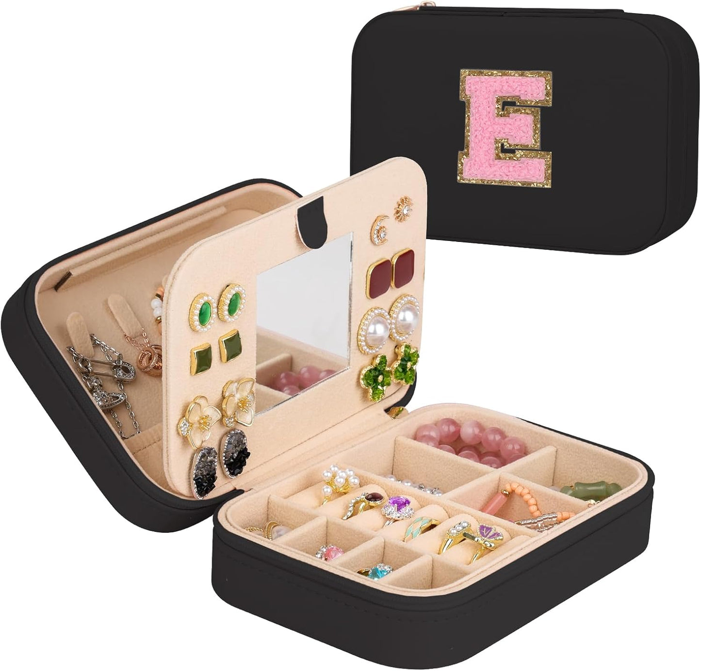 TopPerfekt Travel Jewelry Case, Jewelry Box with Mirror, Jewelry Organizer Bridal Shower Gifts to Her, Earring Storage Travel Case, Trendy Gift for Women and Girls, Girlfriend-Letter E, Black