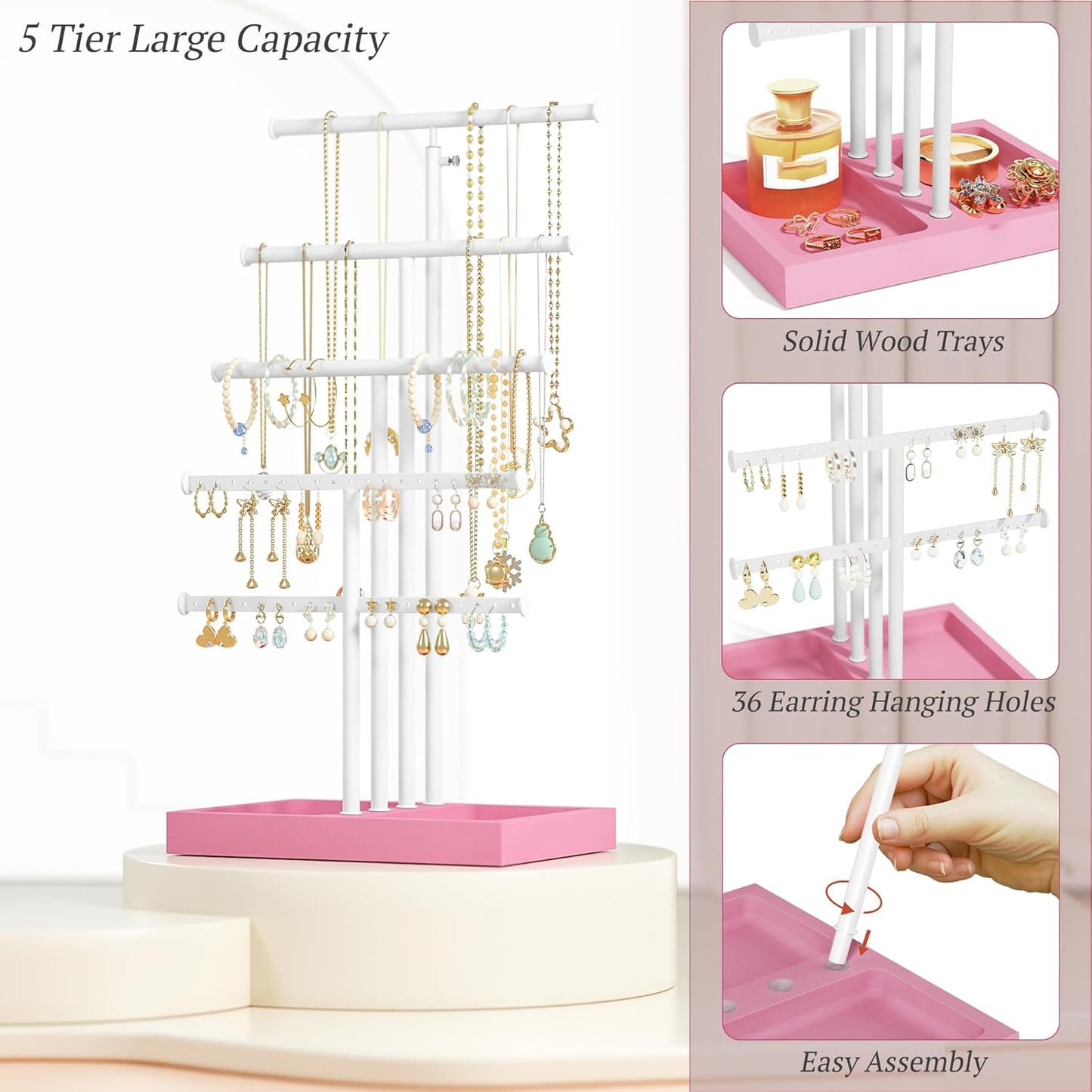 Love-KANKEI Jewelry Organizer Stand, 5 Tier Large Necklace Holder with Wood Base, Jewelry holder stand Tree for Display, Bracelets Earrings Rings, Height Adjustable Gift Pink and White