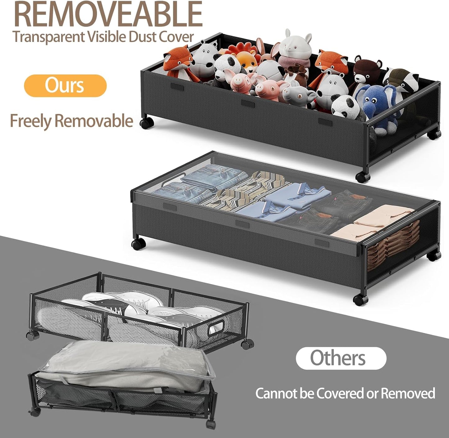 KITHELP Under Bed Storage Containers with Wheels, Underbed Shoe Storage Organizer with Removable Lids, Large Rolling Under Bed Storage Dresser Drawers for Clothes Toys Shoes Blankets
