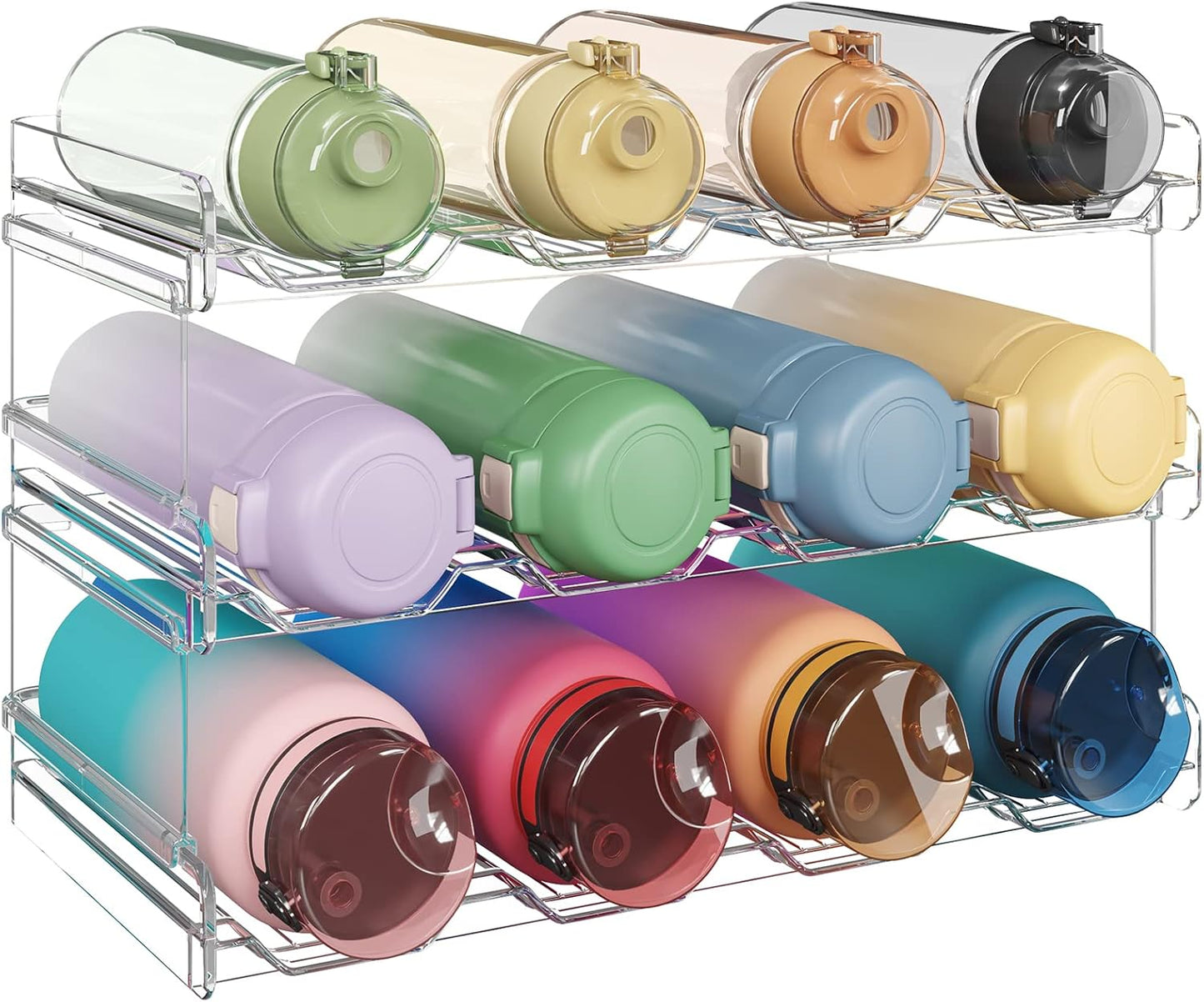 Lifewit Stackable Water Bottle Organizer for Cabinet, Plastic Bottle Holder Fits Bottles & Tumblers up to 3.8" Diameter, Pantry, Countertop & Fridge, 3 Tier Holds 12 Bottles