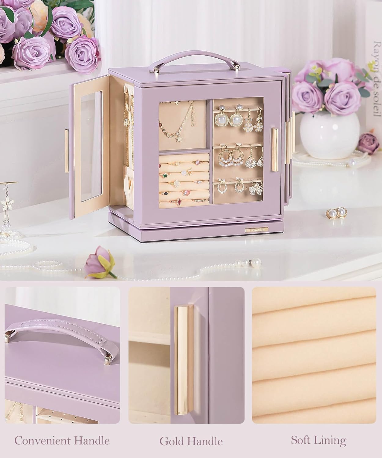 Homde Christmas Gifts Jewelry Box 360° Rotating, Necklace Earring Organizer with Transparent Window, Mirror, 7 Drawers, Large Ring Display Storage Case for Girls Women (Grey Purple)