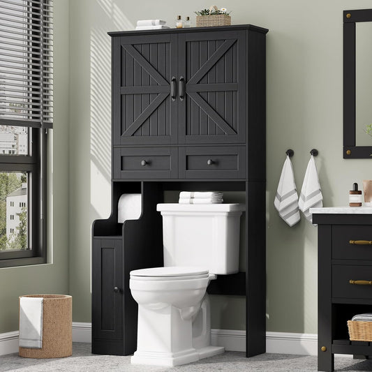 Over The Toilet Storage Cabinet, Storage Cabinet Over Toilet with Double Doors & Toilet Paper Holder Stand, Freestanding Toilet Shelf Space Saver with Anti-Tip Design & Adjustable Shelf, Black