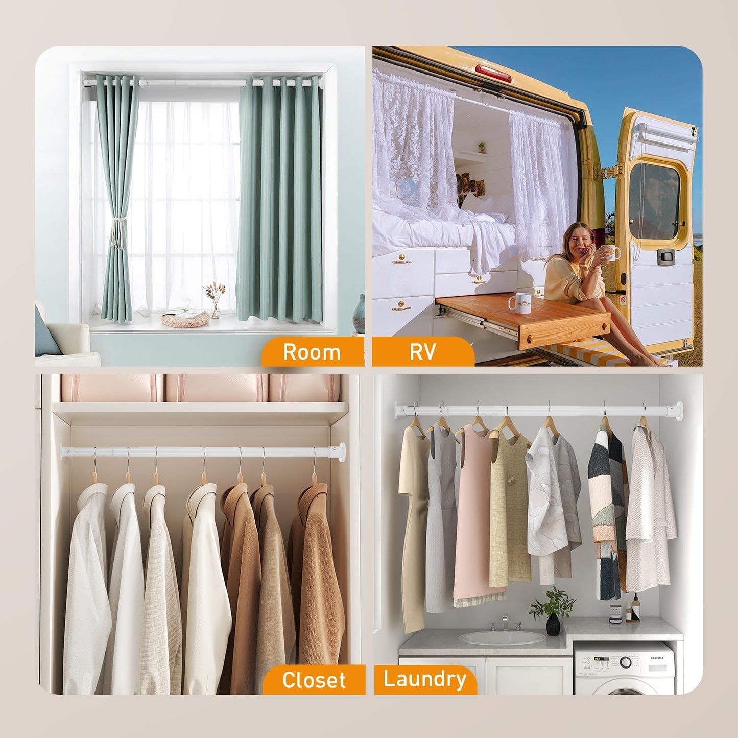 White Adjustable Closet Rod 18-92 Inches, Heavy Duty Metal Clothes Hanging Rod, Rust-Proof Non-Slip Wardrobe Bar for Closet, Laundry Room, RV
