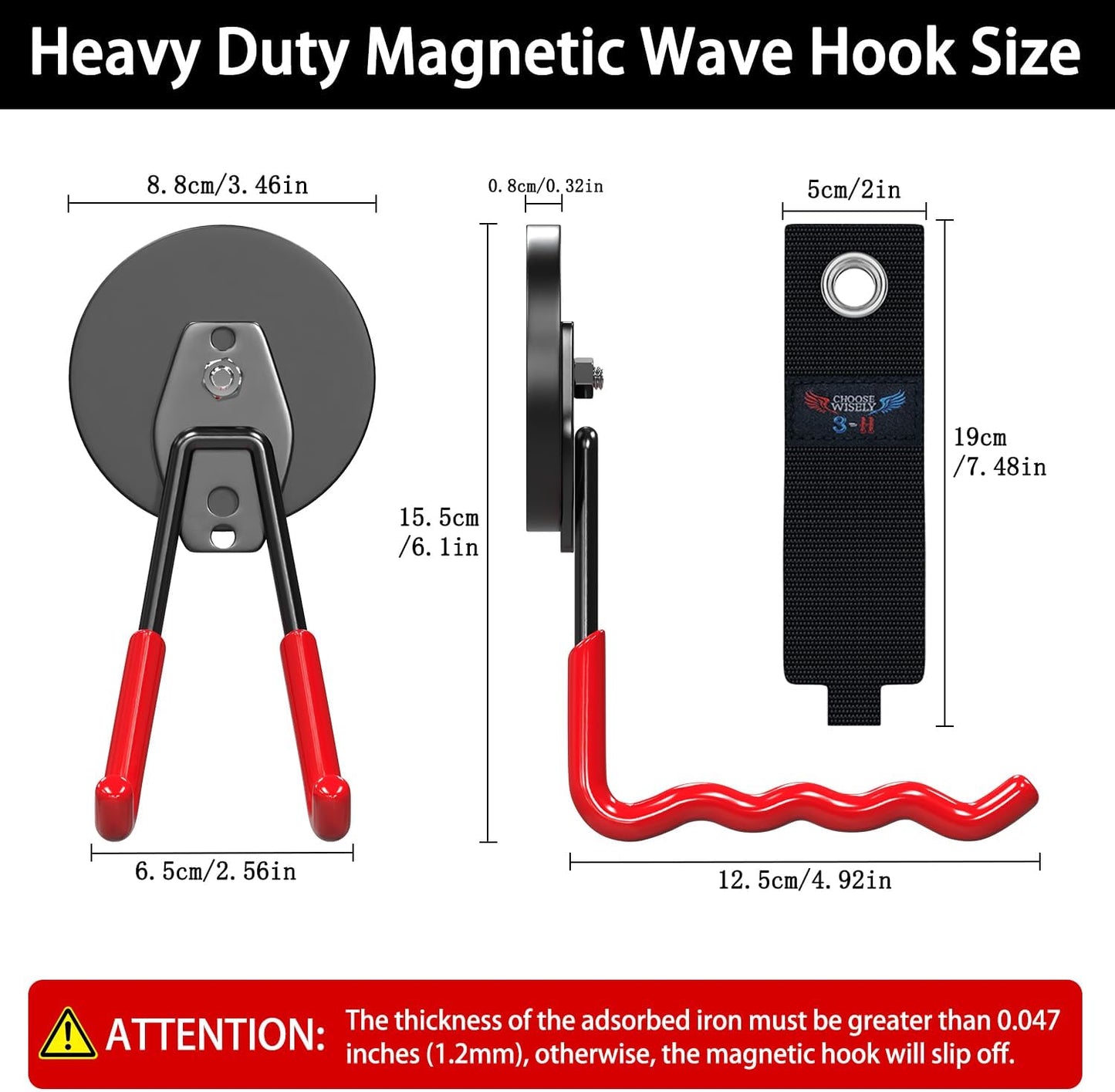 3-H Magnetic Wave Hooks Heavy Duty 2 Pack, Large Magnet Garage Hooks Heavy Duty and Strong Utility Magnetic Tool Holde for Hanging and organizing Garden Power Tool (Red
