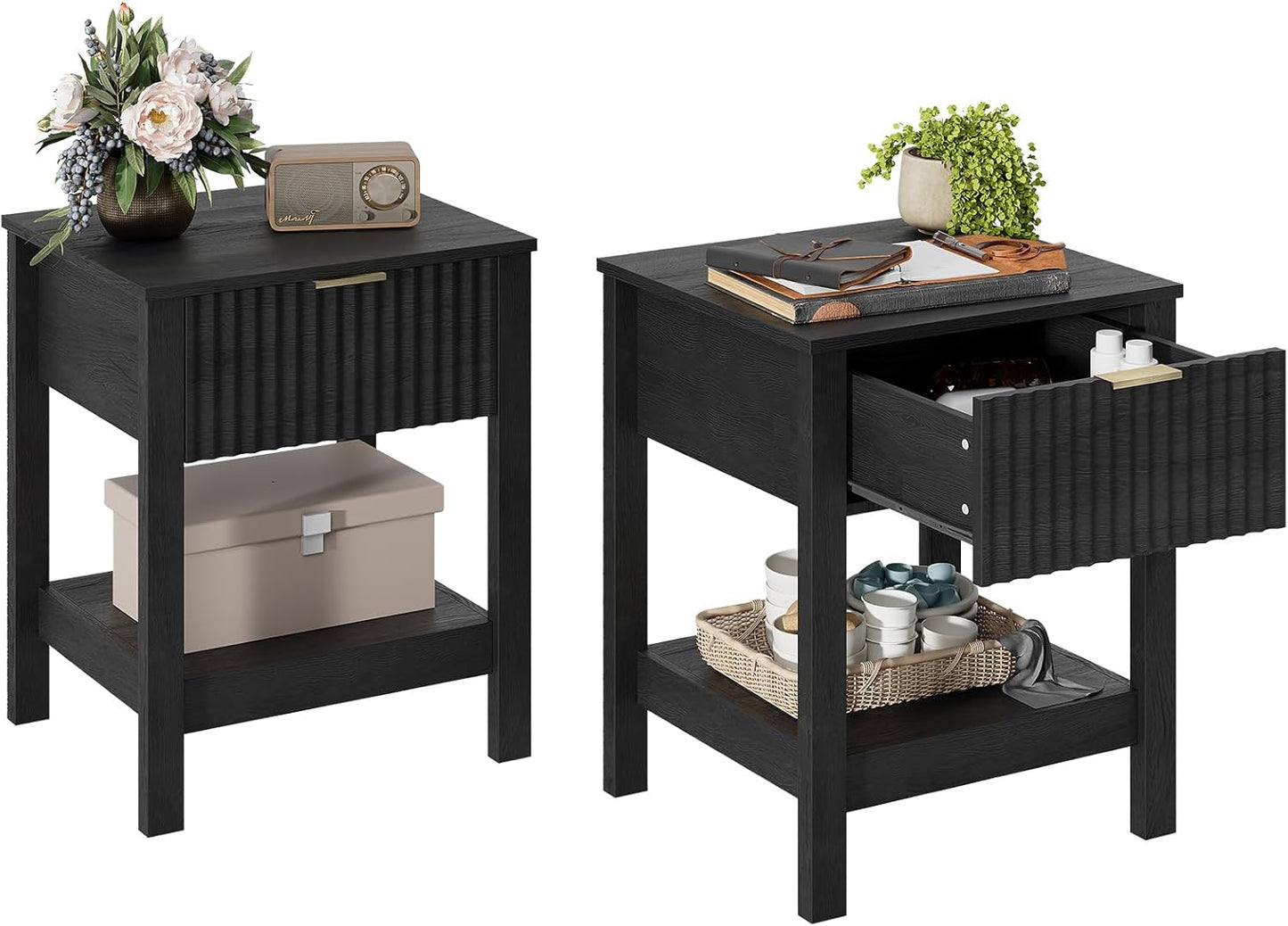 Fluted Night Stand with Golden Handle,Set of 2 Mid-Century Nightstands with Drawer, Bedside Table with Storage Shelf, Side Tables for Room,End Tables for Bedroom,Black Wood Grain