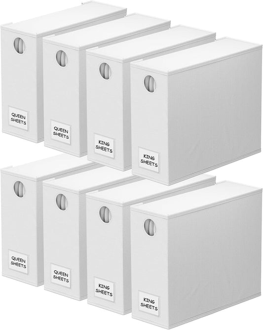 SpaceAid 8 Pack Bed Sheet Organizers and Storage, Foldable Organizer for Linen Closet, Sheets Set Folder Keeper with Window XL (Queen & King Size) Organizing Bedding Container, White 91ZDSN-SL24-W8