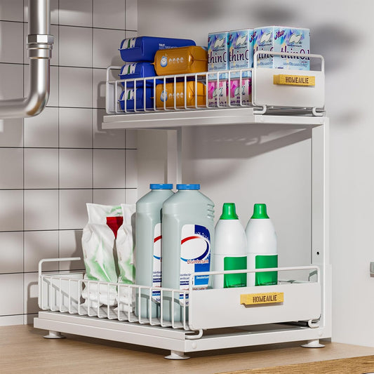 Under Sink Organizer, High Adjustable 2 Tier Under Kitchen Sink Organizer, Multi-Purpose Storage Shelf for Kitchen Bathroom Cabinet, White
