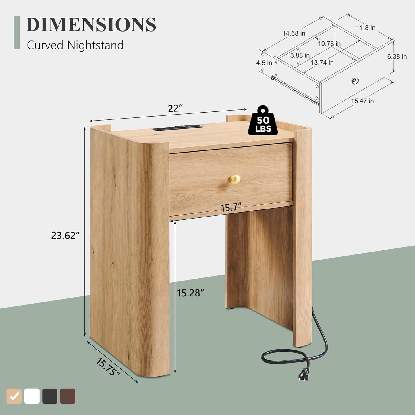 23.6" Tall Modern Nightstand Set of 2, 22" Wide Curved Bedside Table with Charging Station, Wooden Night Stand with 1 Storage Drawer, Large End Table for Bedroom, Living Room, Natural