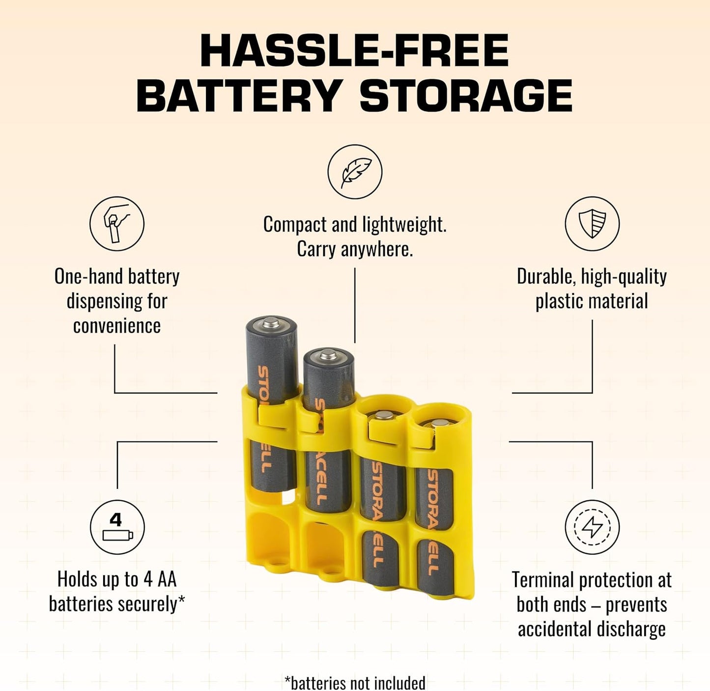 Storacell by Powerpax Slimline AA Battery Storage Caddy, Yellow - Holds 4 Batteries (Not Included)