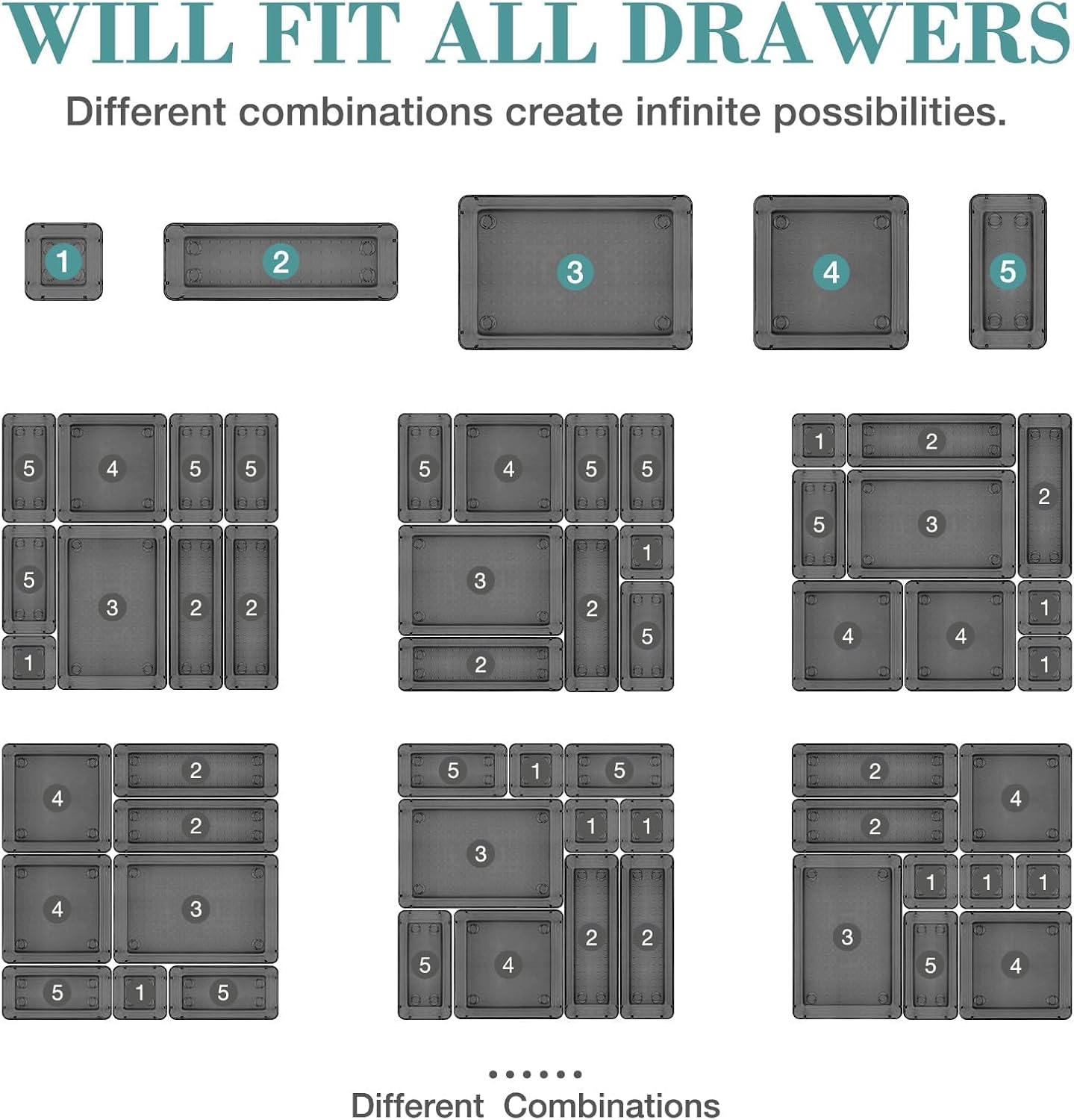 23 PCS Drawer Organizer Set, 5 Varied Size Bathroom and kitchen Drawer cabinet organizer Trays, Clear Storage Bins for Makeup, Jewelry, Utensils and Gadgets, Black