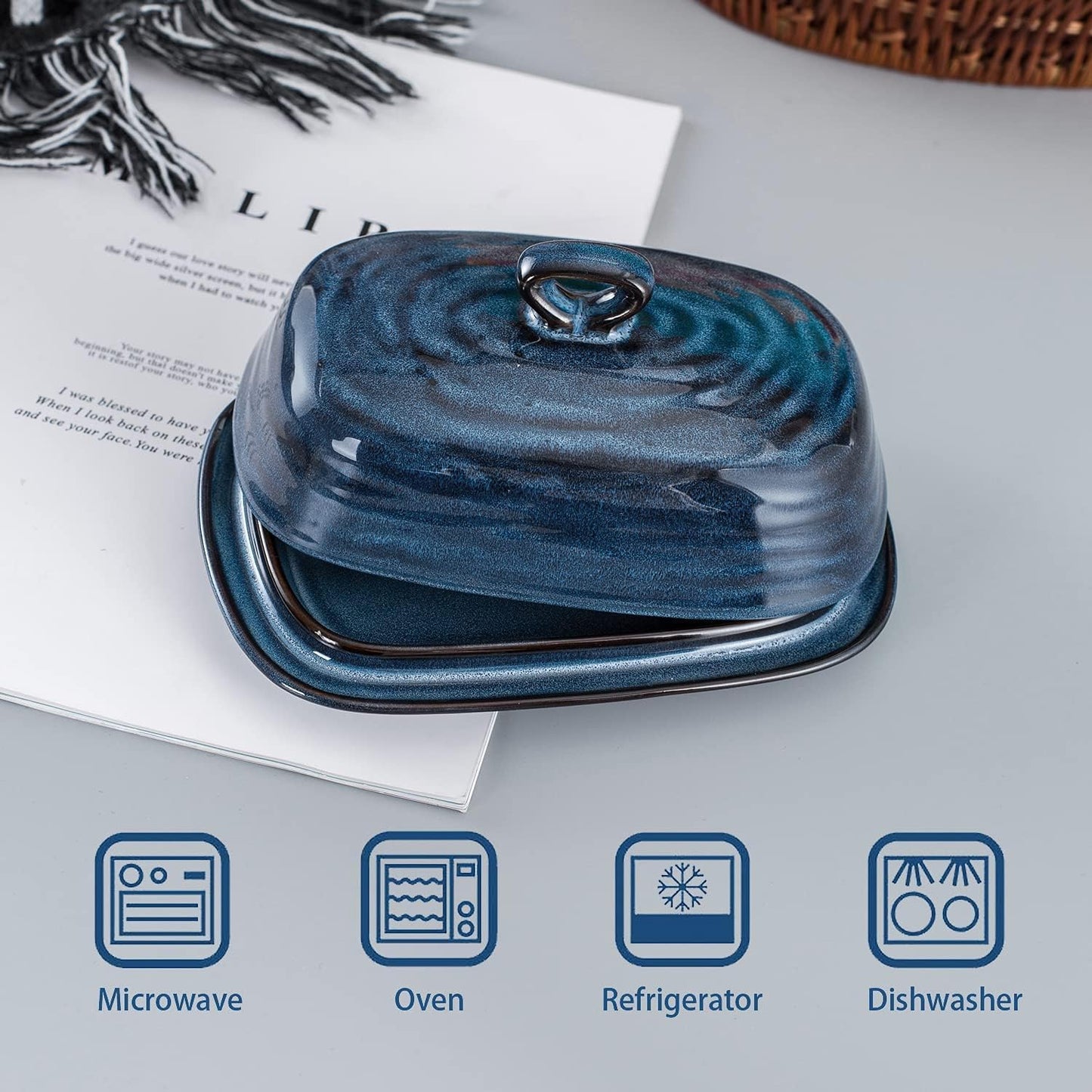 Hasense Butter Dish with Lid, Porcelain Butter Container with Handle for Countertop, Large Butter Keeper & Holder with Cover for West East Coast Butter, Farmhouse Kitchen Decor for Gift, Blue
