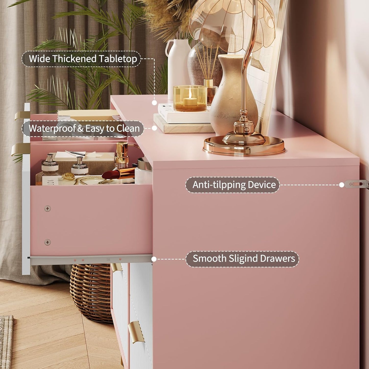 Garvee Fluted Dresser for Bedroom with 6 Drawers,47" Wide Modern Chest of Wooden Bedroom Chest with Metal Handle,Clothes Storage Organizer,Closet Dresser & TV Stand for Living Room,Hallway,6&Pink