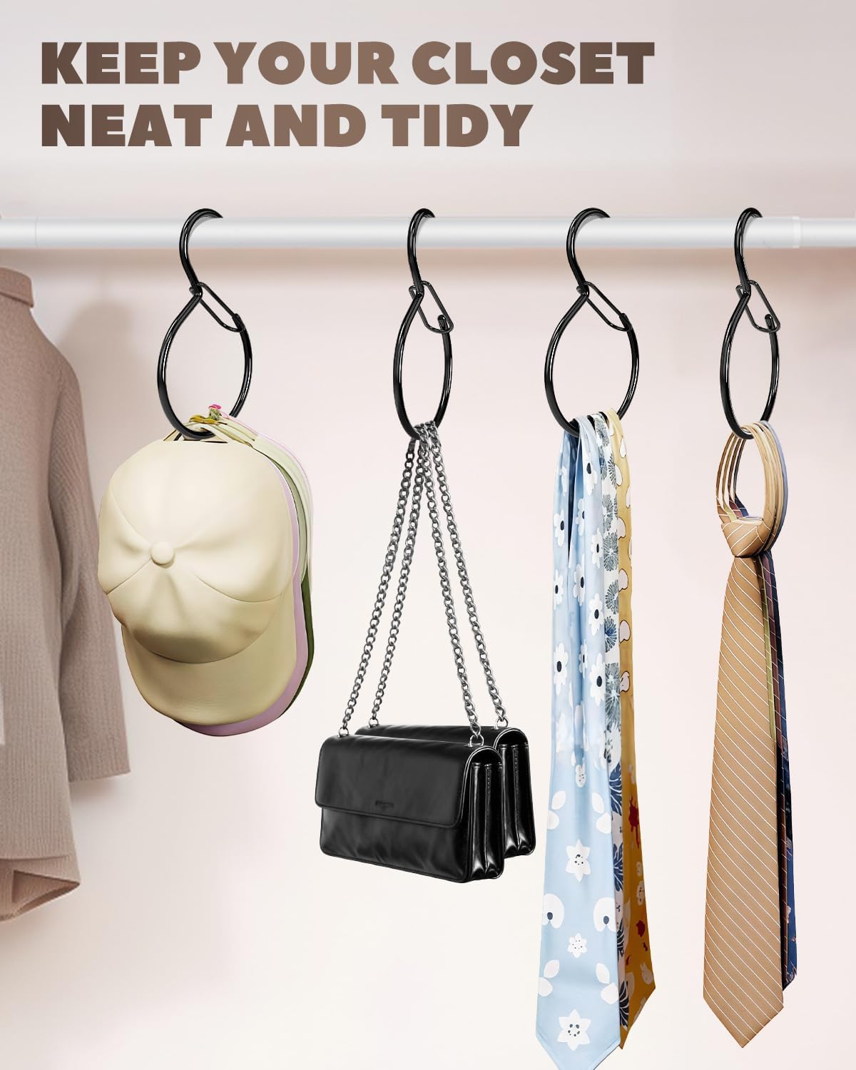 4 Pack Belt Hanger, Belt Hanger for Closet, Waterproof Belt Organizer for Closet, Holds Ties, Scarves, Bags & Accessories, Black