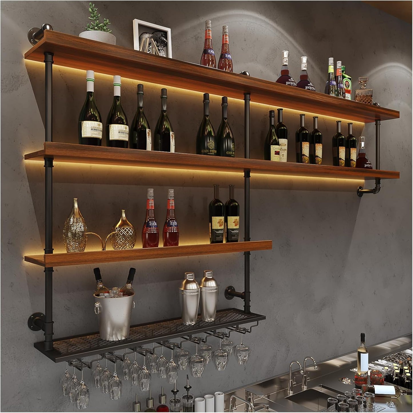 Solid Wood Wall Mounted Wine Rack, Large Wine Rack with LED Light, 4 Tiers Liquor Bottles Floating Shelves with Glass Holder, Industrial Bar Shelves for Home Bar Dining Room (70.9 IN/ 180CM)
