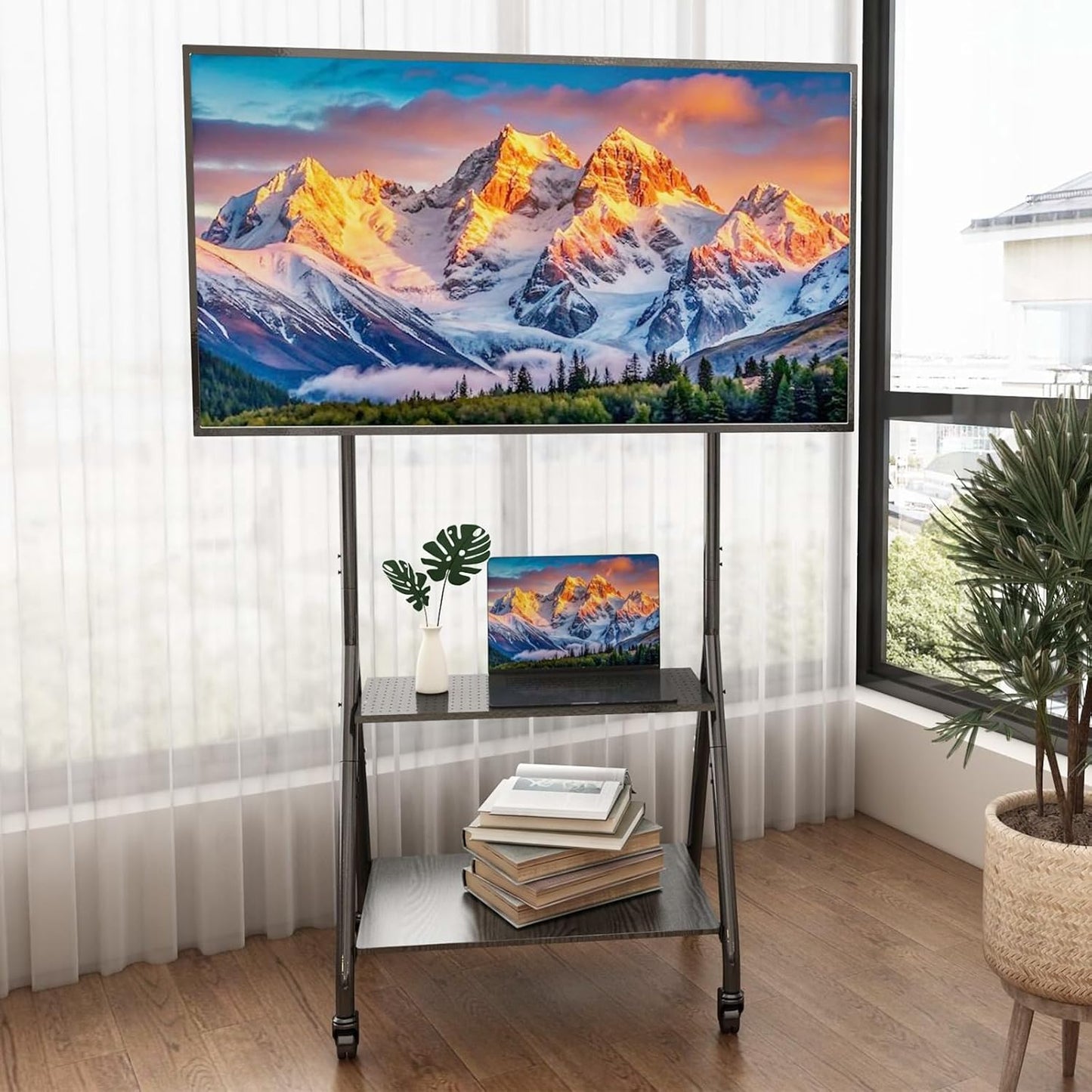 ZHOOGE Mobile TV Cart with 2-Tier Shelf for 32-80 inch TVs up to 110 lbs, Rolling TV Stand with Silent Wheel, Portable Outdoor Tv Stand for Business, Office, School, Home, Black