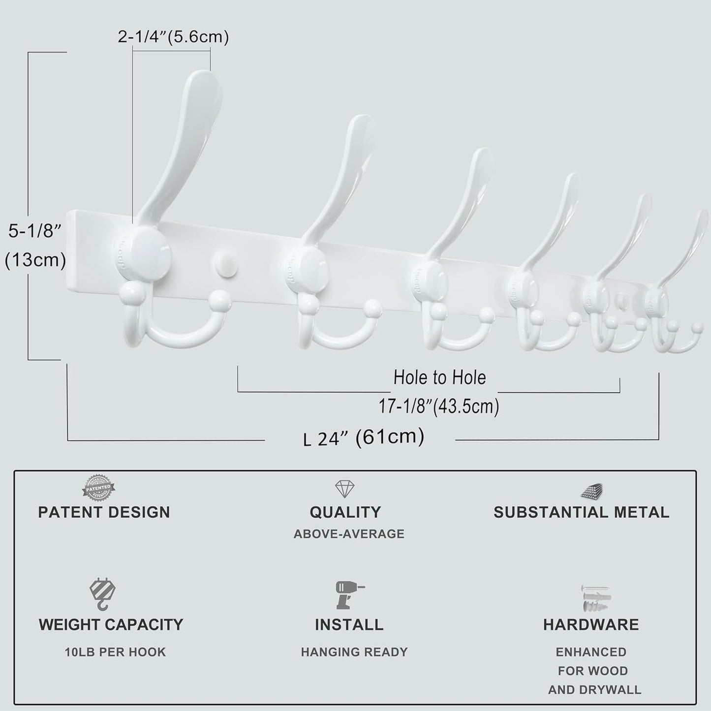 Dseap Coat Rack Wall Mount 2.0 Pro: 24” Long, 3X Tougher, Heavy Duty Stainless Steel Wall Coat Hanger with 6 Tri Hooks for Clothes Jackets Hats Entryway Closet, White