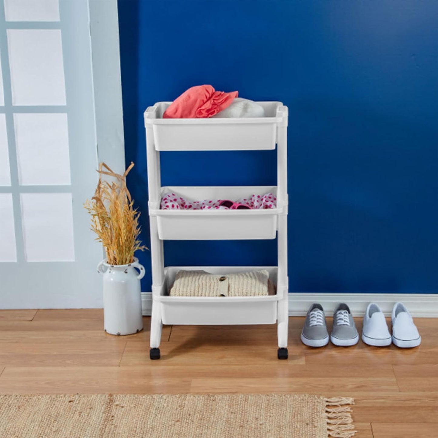 Sterilite 3 Tier Utility Cart Portable Storage Open Bin Organizer with 360 Degree Smooth Rolling Caster Wheels, Supports 10lb Per Tier, White, 12-Pack