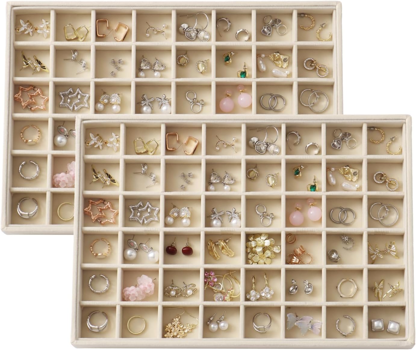 Large Velvet Jewelry Tray 2 Pack Stackable Jewelry Display Drawer Inserts Trays Organizer for Earring Bracelet Necklace Ring (Beige, 48 Grids)