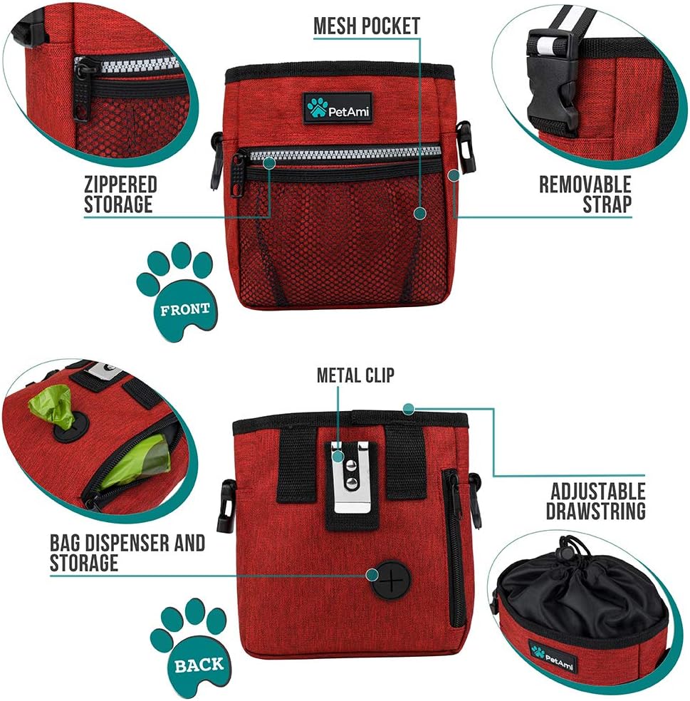 PetAmi Dog Treat Pouch, Pet Treat Pouch for Training, Dog Walking Bag Holder for Kibbles, Pet Food Toy, Dog Trainer Essentials Supplies, Poop Bag Dispenser, 3 Ways to Wear (Red)