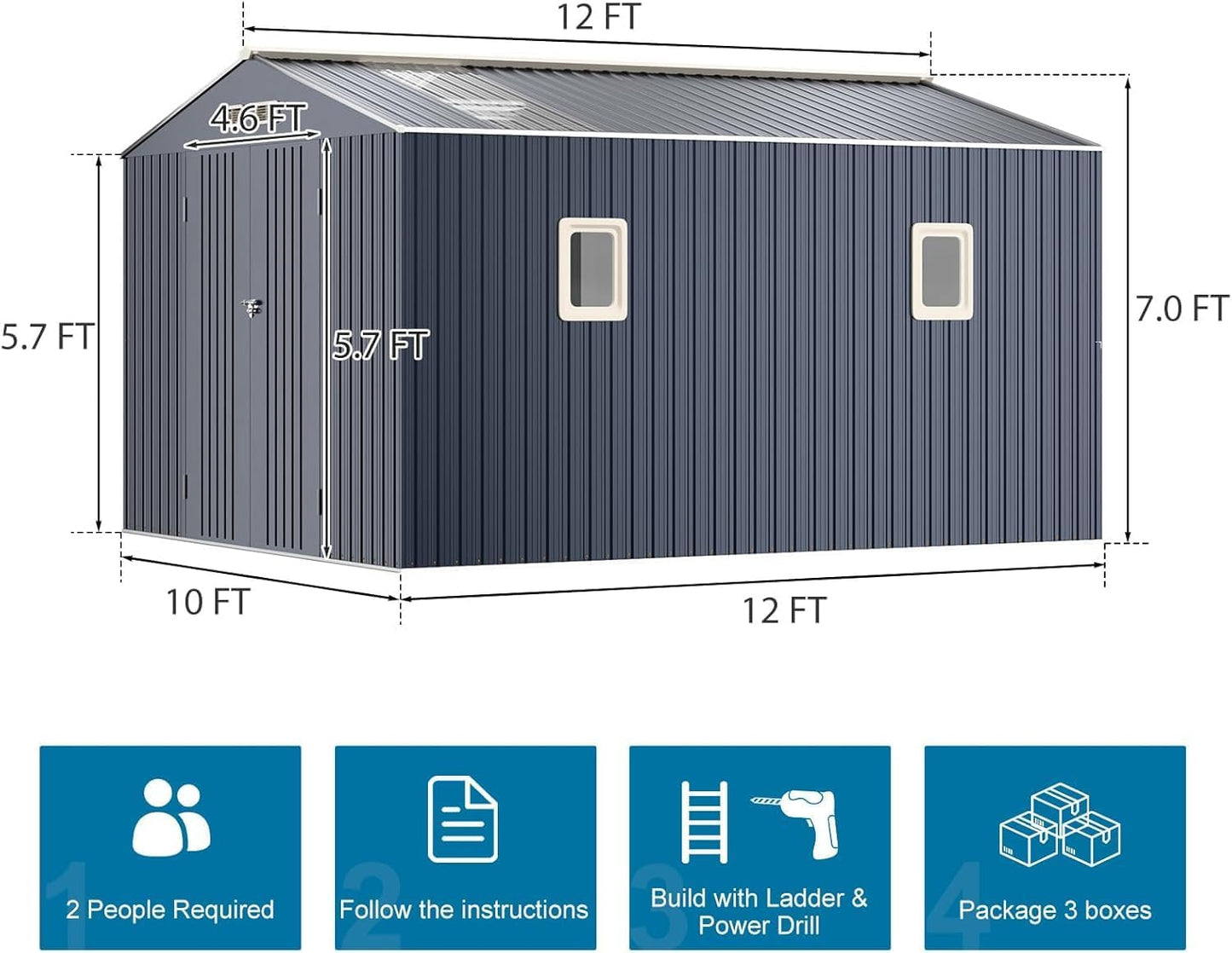 Restland 10x12 FT Outdoor Storage Shed with Floor Base Frame Metal Garden Shed with Clear Roof, Air Vent & Lockable Door Large Tool Storage House for Backyard, Garden, Lawn