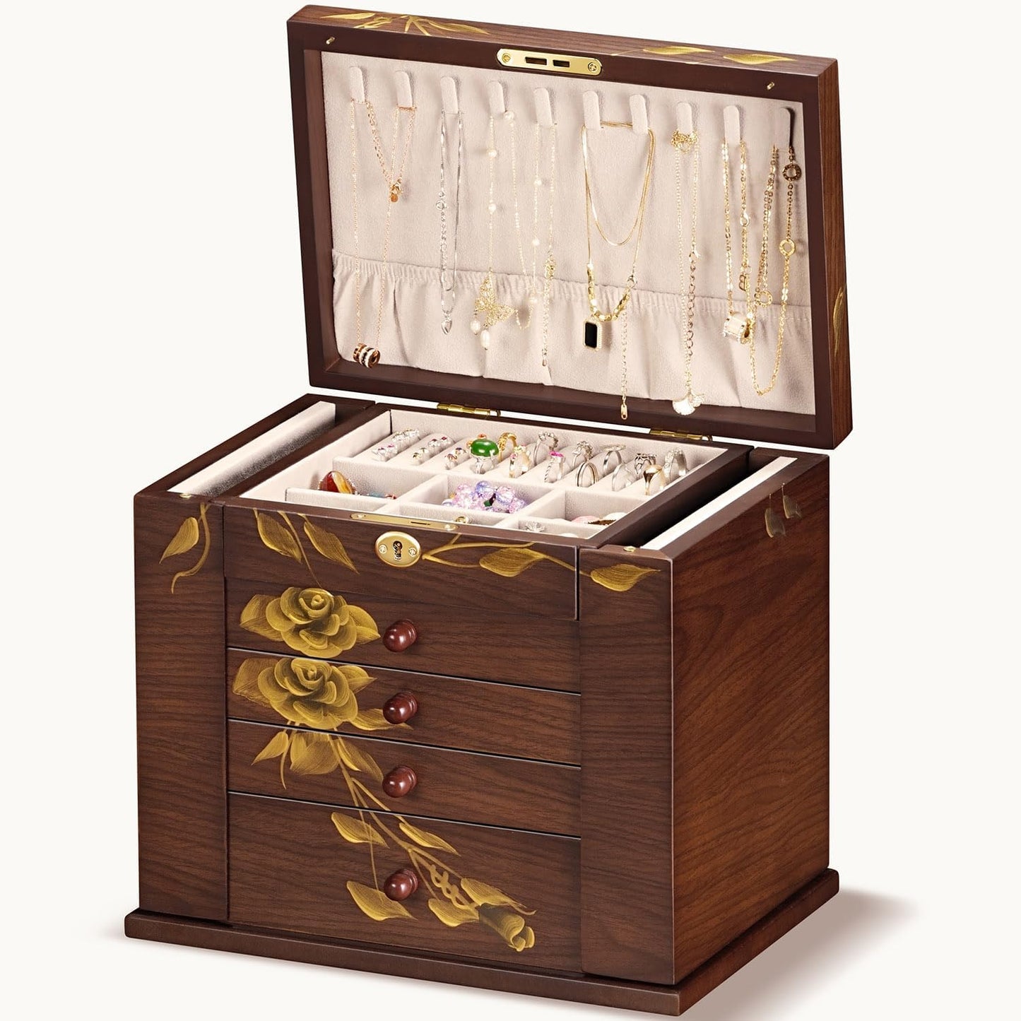 Hand-Painted Wooden Jewelry Boxes for Women - 8-Layer Large Lockable Jewelry Box with Compartments, Dresser Top Jewelry Organizer, Vintage Wooden Jewelry Storage