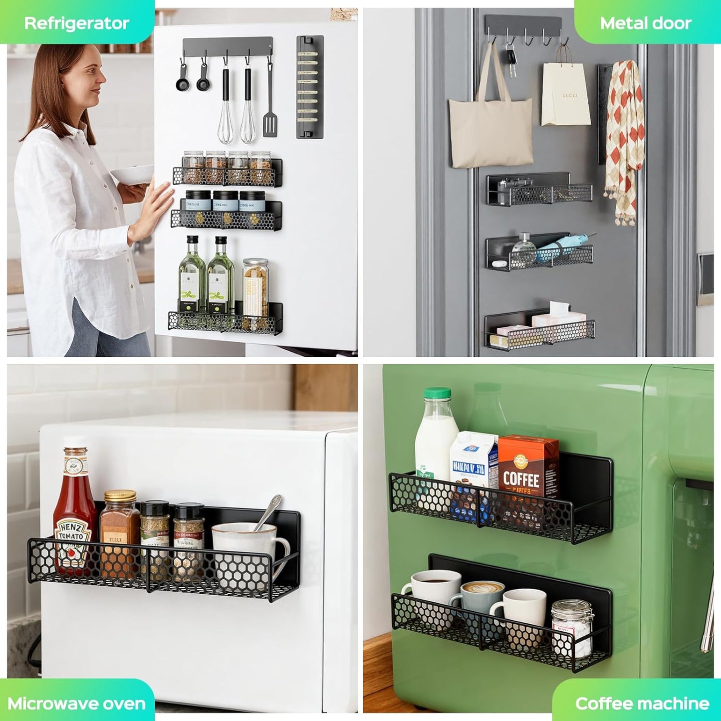 5-Pack Magnetic Shelves for Laundry Room Organization, Strong Hold Refrigerator & Washing Machine Shelves, Includes Spice Rack, Hanger Organizer Stacker & Utensil Hooks, No Drill Installation