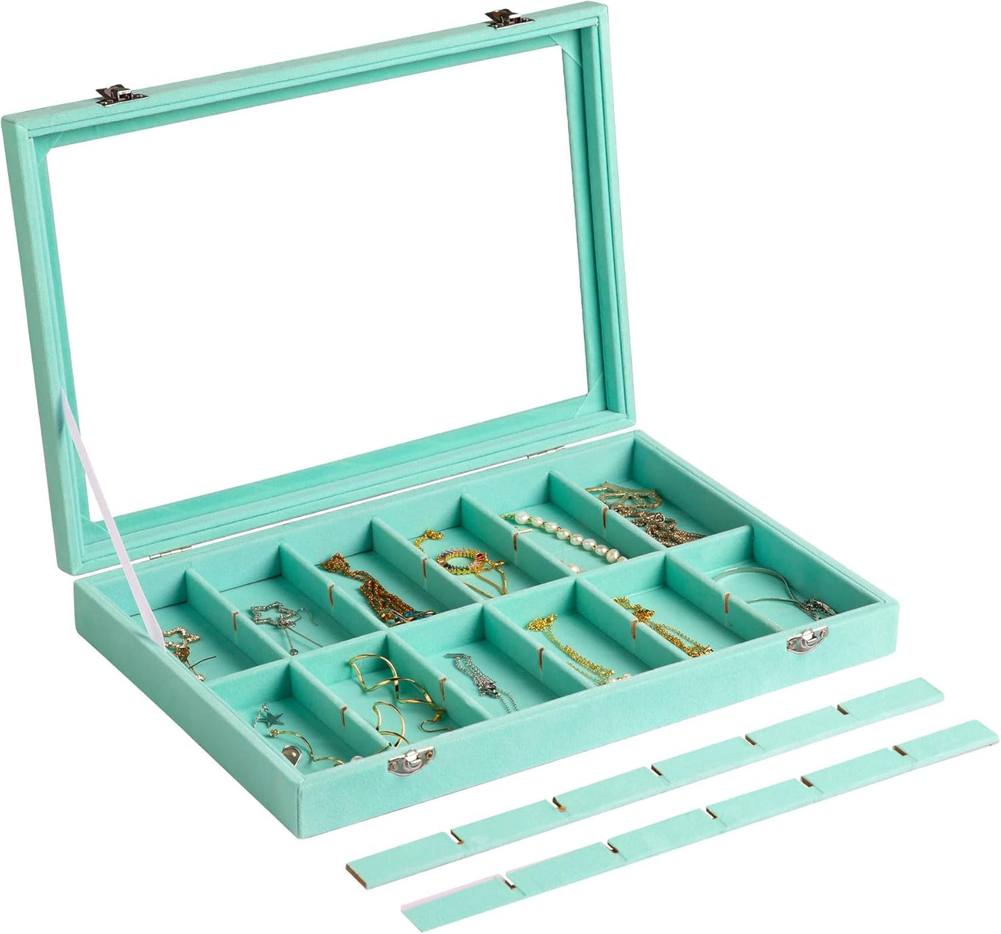 Frebeauty Jewelry Organizer Tray with Clear Lid 24 Grid Velvet Drawer Insert Jewelry Storage box with Transparent Glass lid Jewelry Display Case with Lock Gifts for Girls Women (Turquoise, 24 Grid)