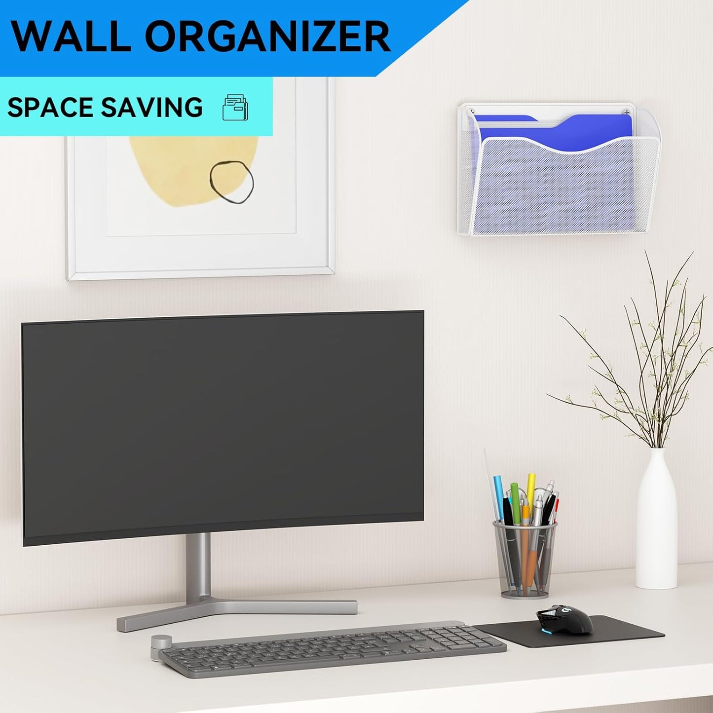 6 Single Pocket Wall File Holder, Mesh Hanging File Folder Paper Organizer, Vertical Wall Mounted Mail Basket, Storage Organization Magazine Rack for Office, Home and School, White