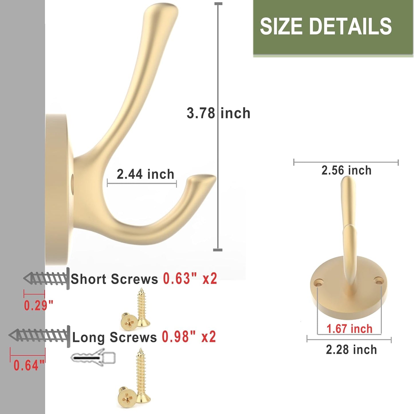 Gold Wall Hooks, 5 Pack Coat Robe Hook Heavy Duty Metal Double Bath Hook Wall Mounted, Hand Towel Hooks for Cubicle Bathroom Kitchen Closet Garage