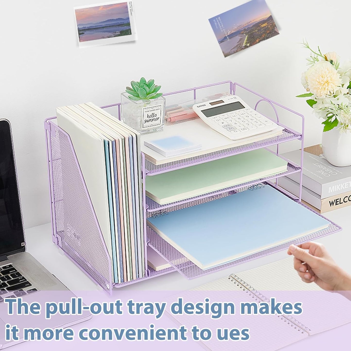 OPNICE 4-Tier Paper Organizer with Magazine Holder, Desk Organizers and Accessories, Office Desk Accessories & Workspace Organizers, Desktop File Organizer for Office Supplies Storage, Purple