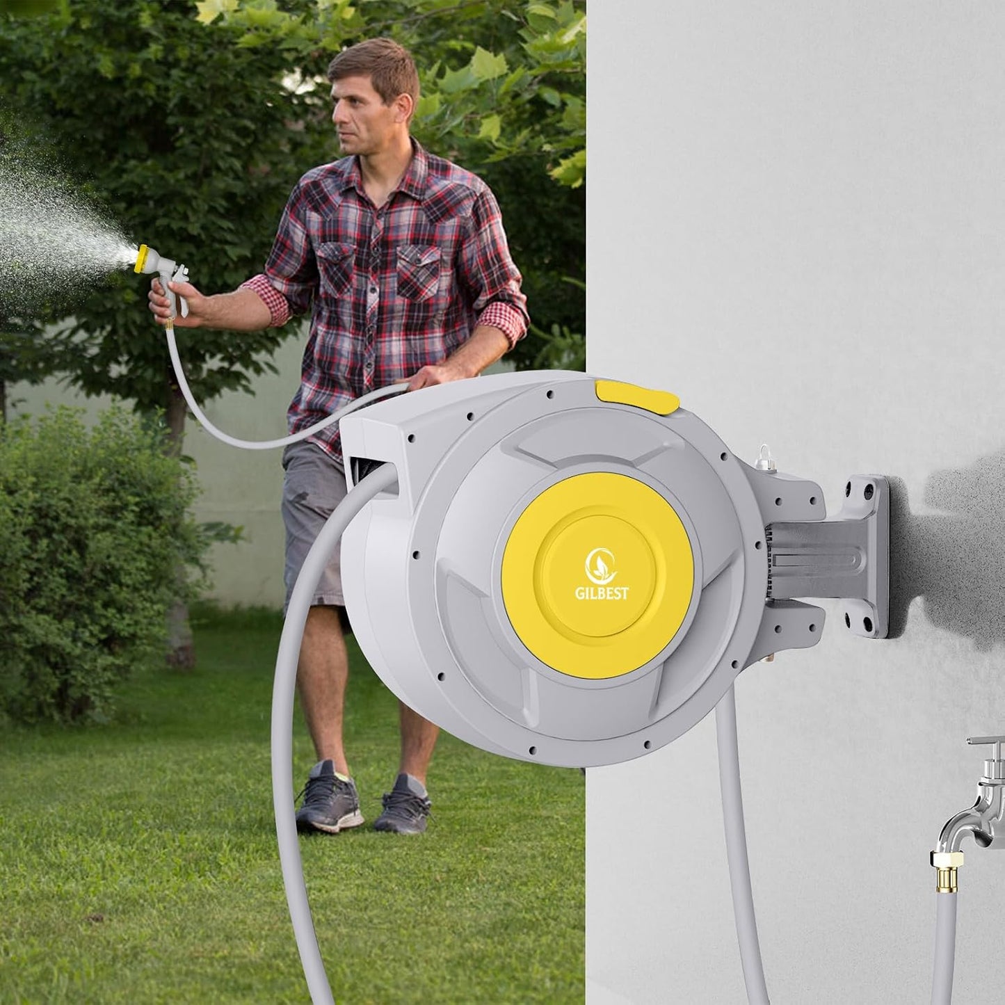 130 ft x 1/2" Retractable Garden Hose Reel, Heavy Duty Water Hose Reel Wall Mounted, Any Length Lock, 180°Swivel, Water Hose with 8-Function Nozzle for Cleaning, Watering (Yellow)