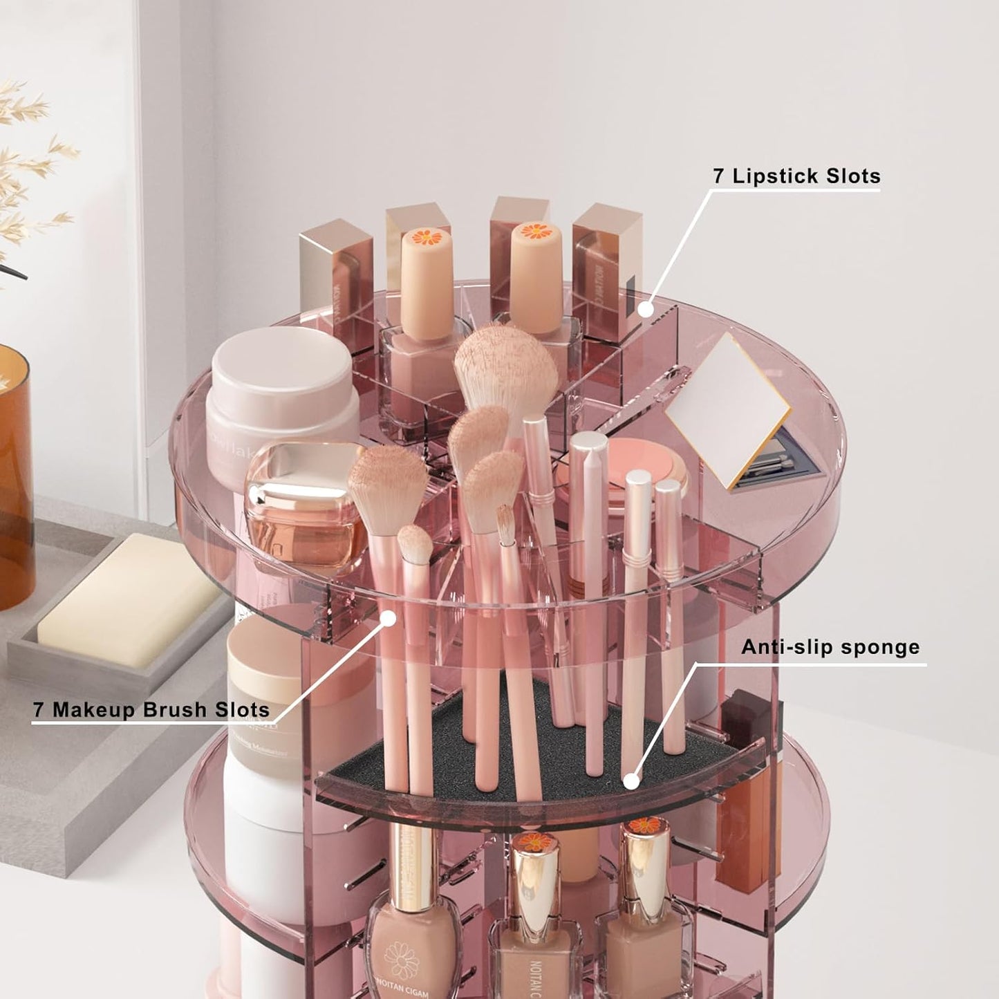 360 Rotating Makeup Organizer with Lipstick Slots, 8 Adjustable Layers Spinning Skincare Organizers, Large Capacity Desk Storage, Carousel Cosmetic Shelf for Vanity Bathroom Countertop