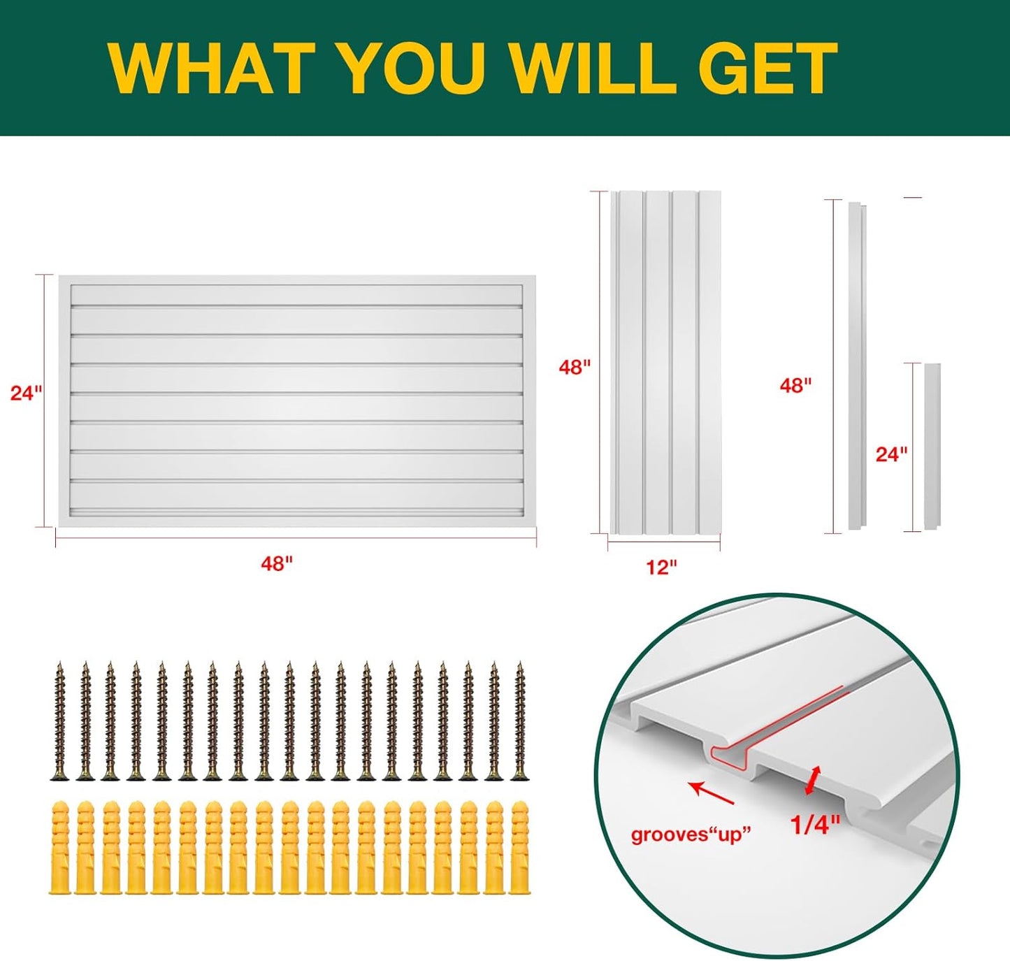 Yuzzy Slat Wall Paneling 2 x 4ft, Garage Slatwall Panel Wall Storage Systems, Heavy Duty PVC Garage Wall Organization (White)