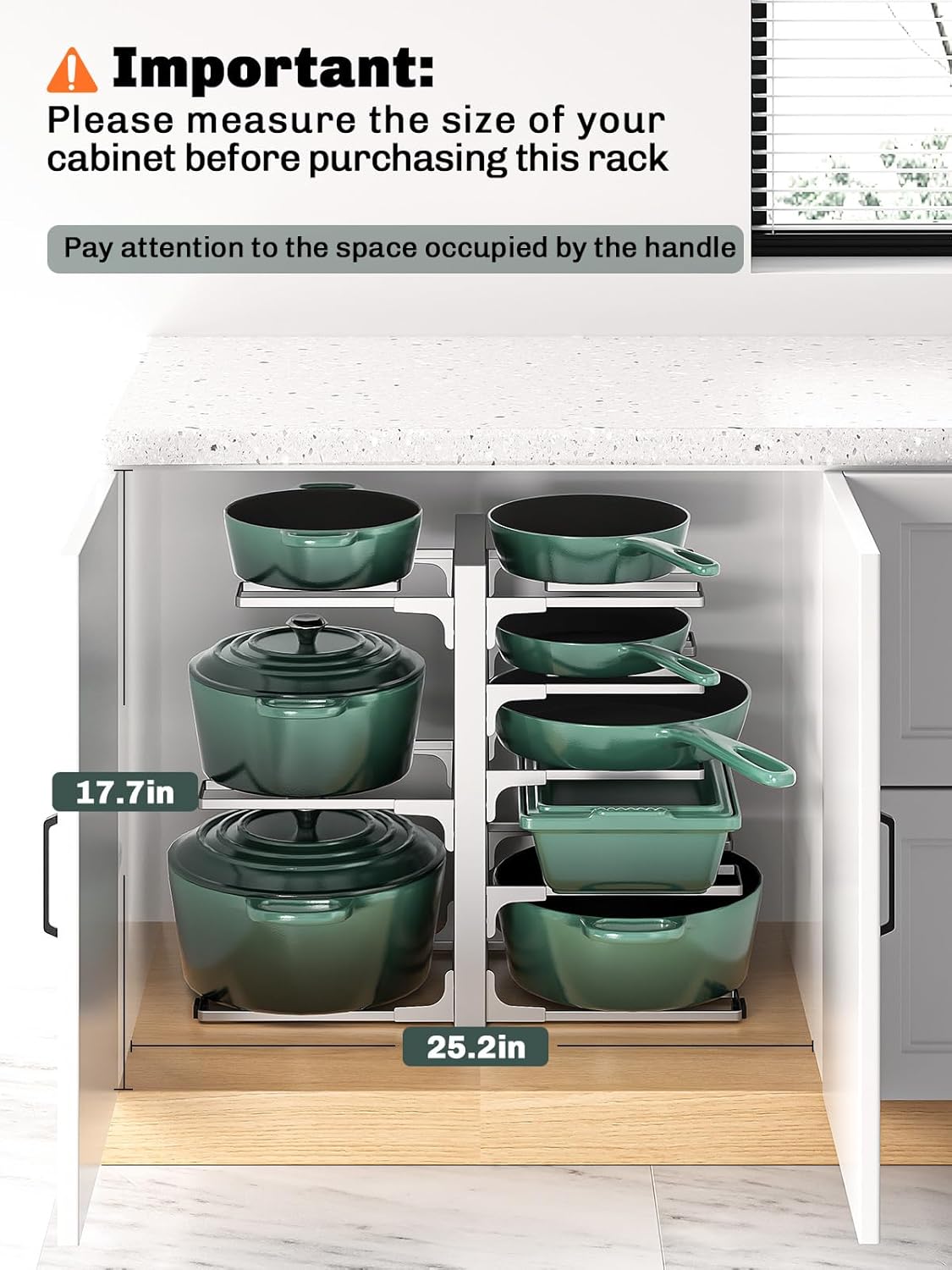 MUDEELA 8-Tier Pots and Pans Organizer under Cabinet, 15.83" Height Heavy Duty Pot Pan Organizer Kitchen Cabinet Organization and Storage, Adjustable Pot Rack for Frying Pan, Cast Iron Skillet, Sliver