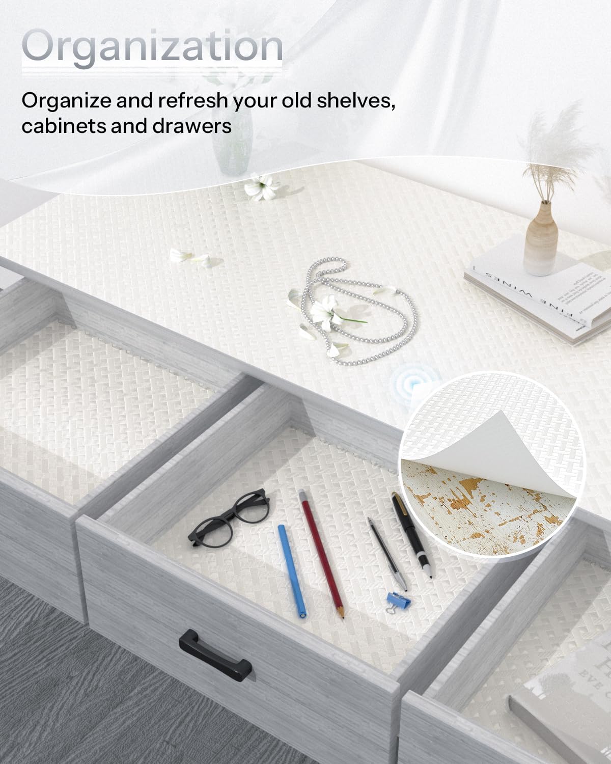 Shelf and Drawer Liner for Kitchen Cabinet, Non-Adhesive 24in x 120in Waterproof Contact Paper Refrigerator Liners Thickened Durable EVA Material Non Slip Mat for Dresser Cupboard Pantry Protector