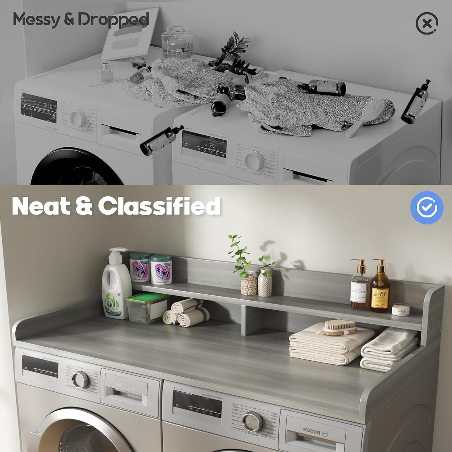 2-Tier Washer and Dryer Countertop with 2.75" H Guard,58" W x 28" D Laundry Countertop Cover with Non-Slip Pad,Large Space Laundry Topper for Folding Clothes Over Washer and Dryer-Stripe Gray