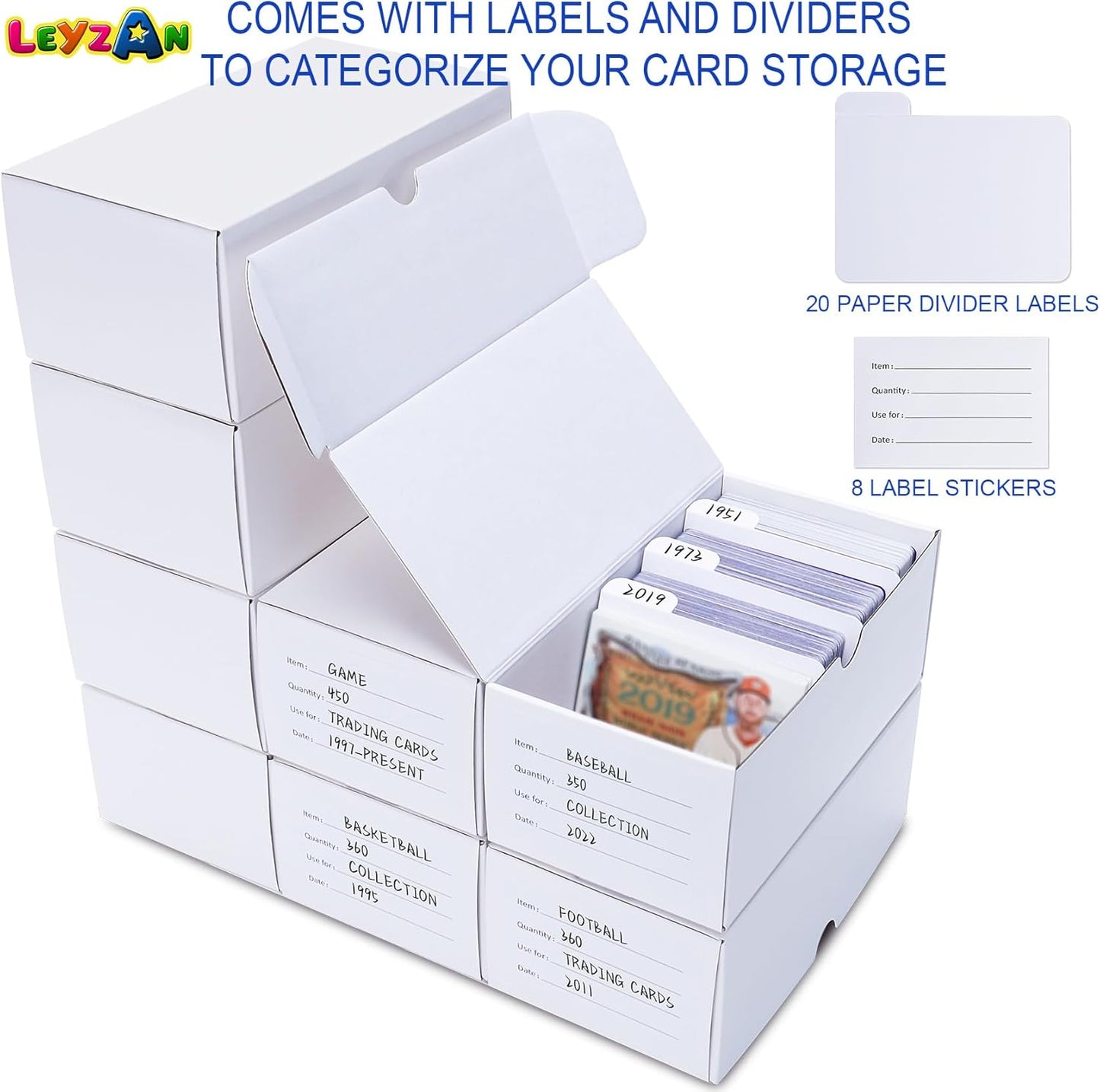 Trading-Card Storage Box, 8-Pack • 400 Count Corrugated Cardboard Storage Box with dividers & labels for TCG/Magic/Mtg storage and Collection, Horizontal