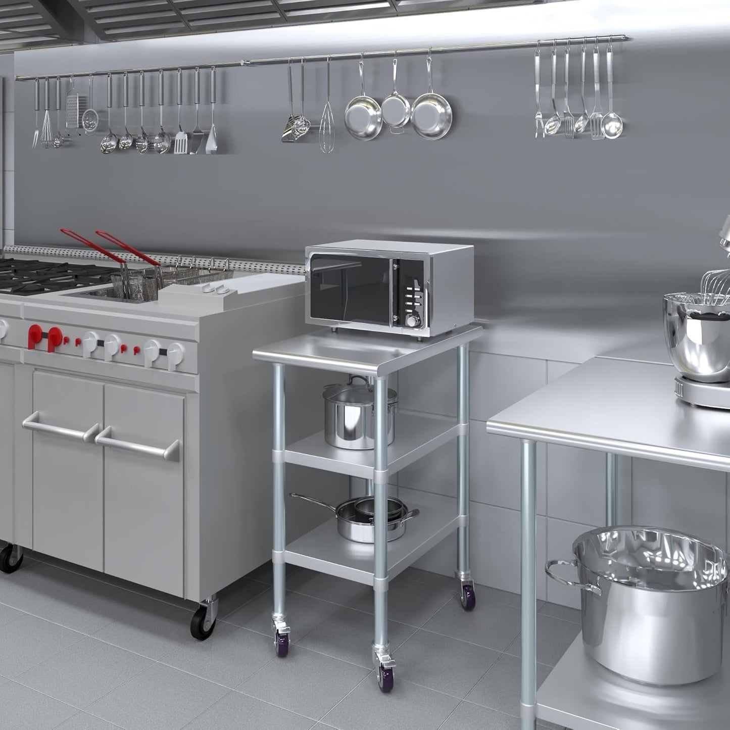 AmGood Stainless Steel Work Table with 2 Shelves and Casters | Metal Utility Table On Wheels (Stainless Steel Work Table with 2 Shelves + Casters, 18" Long x 30" Deep)