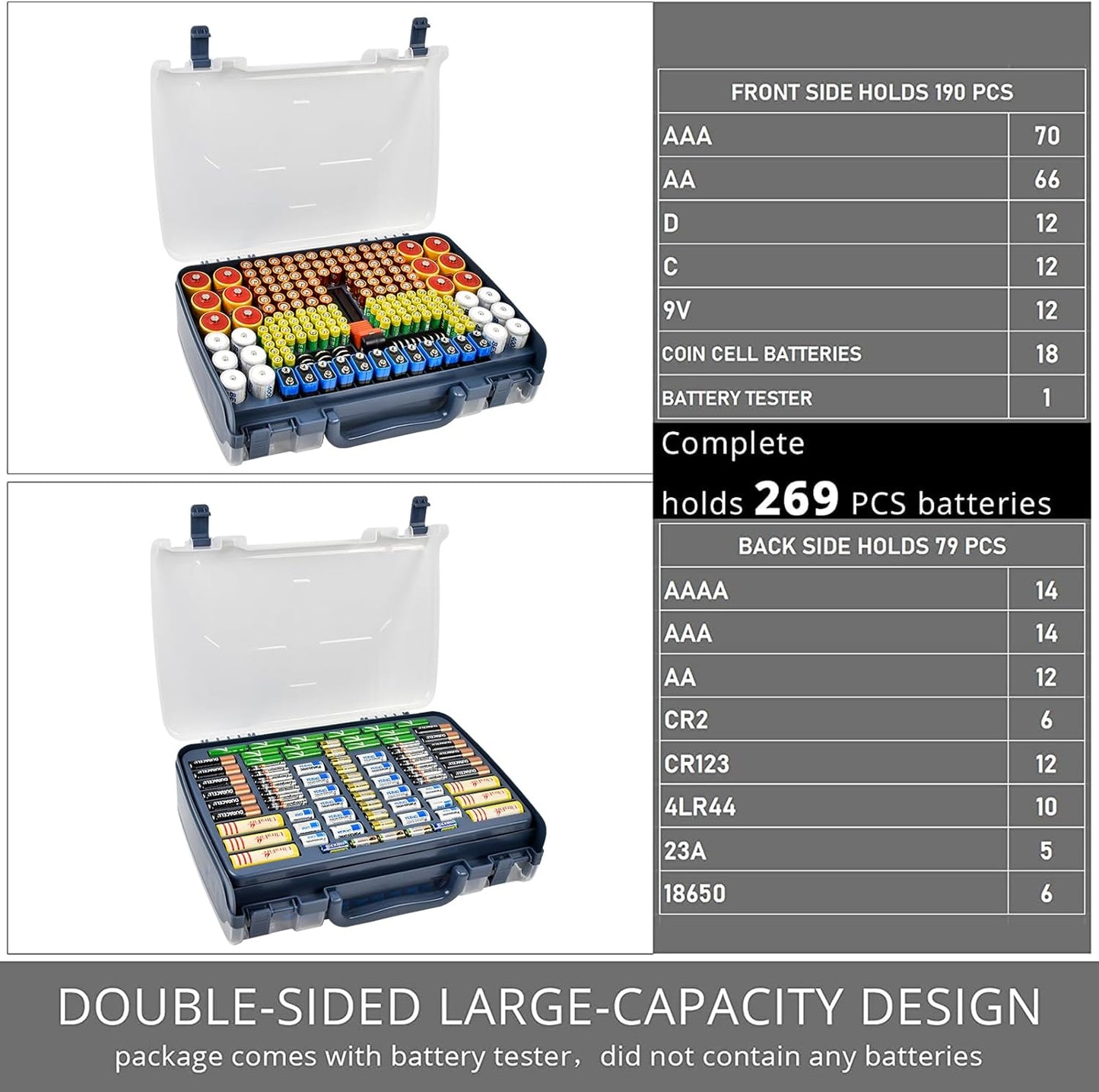 Battery Organizer Storage Holder Box Case with Tester- 269 Batteries Double-Sided Variety Pack, Holds AA AAA 4A C D Cell 9V 3V Lithium LR44 CR2 CR123 CR1632 18650 Button- Blue (Box Only)