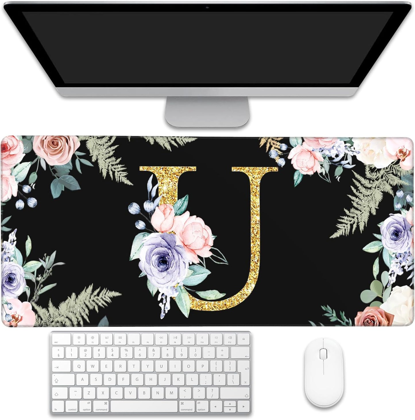 Large Gaming Mouse Pad for Desk, Flower Golden Letters U Desk Mat, 35.4"x15.7" Big Mouse Pad with Non-Slip Base and Stitched Edge, Long Computer Keyboard Mouse Mat for Home Office Work