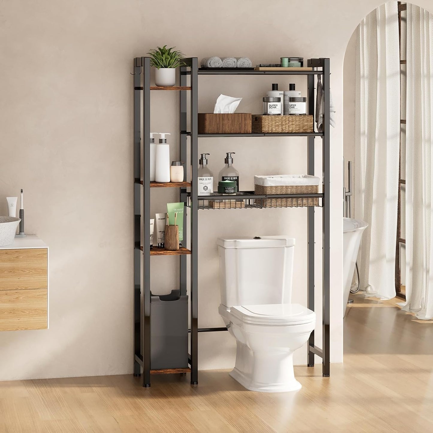 Over The Toilet Storage with Side Rack, 7-Tier Bathroom Organizer with Adjustable Shelf & Drain Basket & 4 Hooks, Freestanding Space Saver for Balcony, Laundry (Vintage Brown)
