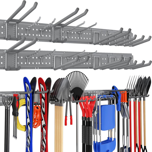Garage Tool Organizer Wall Mount 96 inches with 18 Adjustable Heavy-Duty Hooks, Garage Organization, Garden Tool Storage Rack, Yard, and Shed, Holds Up to 750 lbs (Grey)