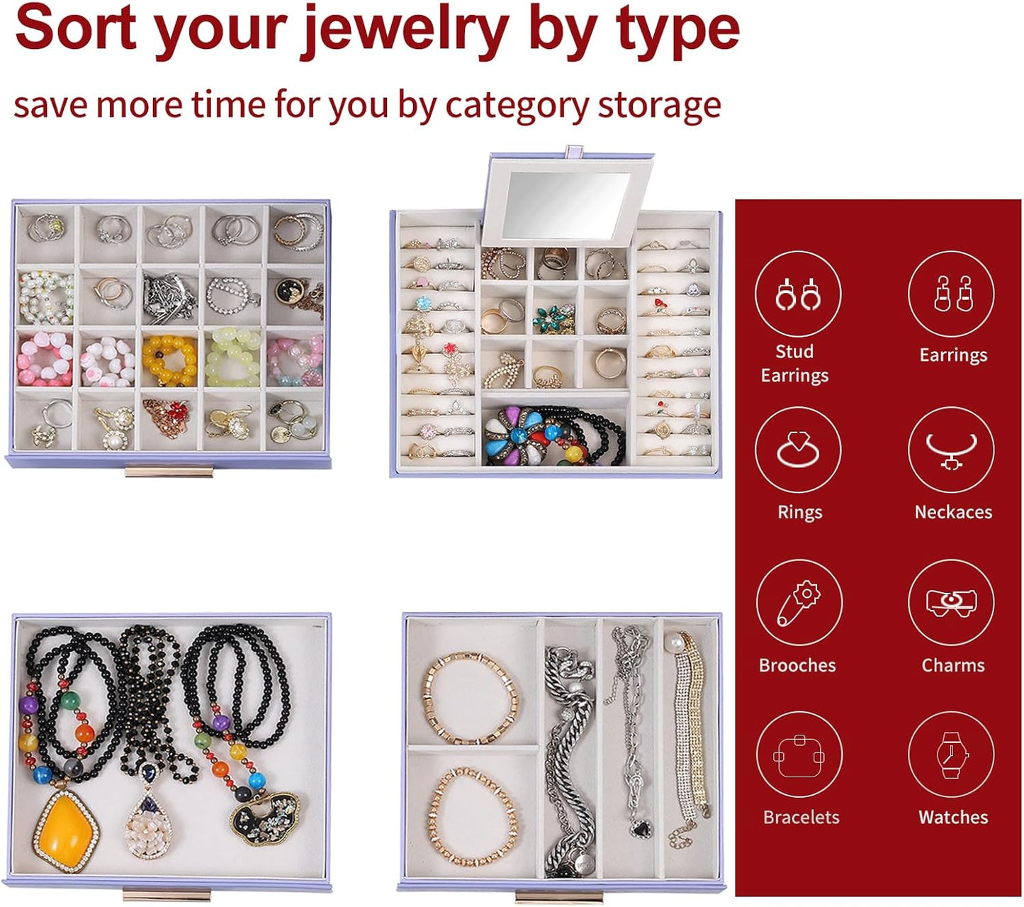 BOOVO Clear Lid Jewelry Box,4 Layers Jewelry Organizer Large Jewelry Storage Box with 3 Drawers,Jewelry Holder Organzier of Rings Earrings Necklace Bracelets for Women (Purple, 4 Layer)