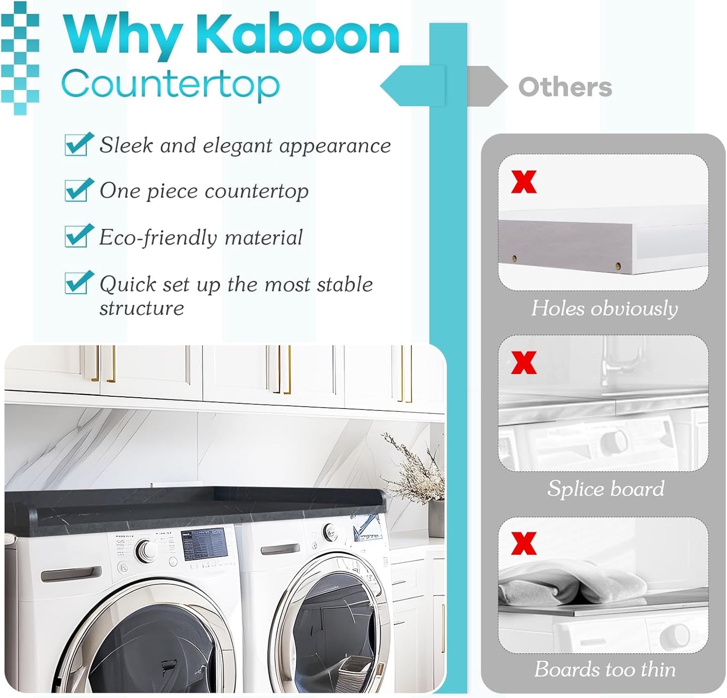 Kaboon Washer Dryer Countertop, Melamine Countertop with Edge Rails - 27.5" Depth x 54" Width Laundry Room Organization, Cloud Atlas/Black Marble Pattern