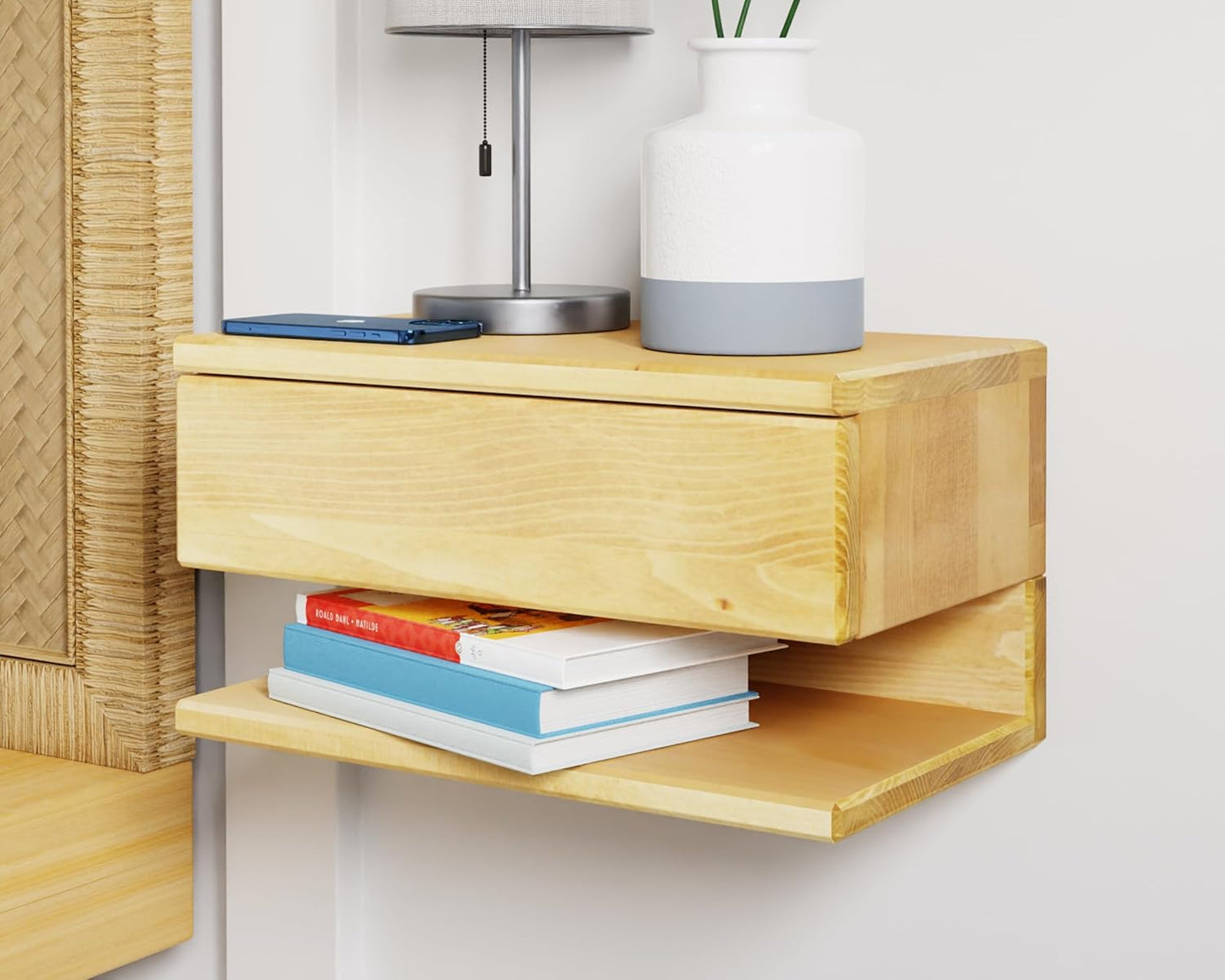 Floating Nightstand Side Accent or End Table with Storage Drawer, Wood Bedside Shelf, Handmade Floating Table (Madrid)