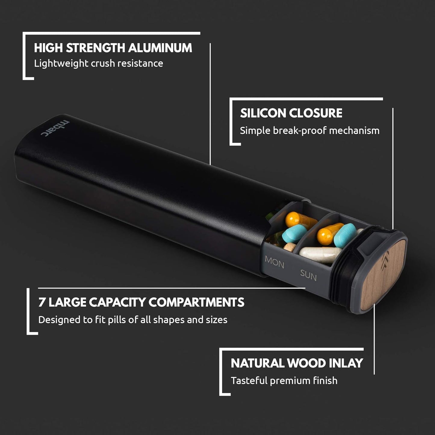 7 Day Weekly Pill Organizer 2.0 by mbarc - Premium Stylish Aluminum and Wood Large Capacity Pill Box for Supplements, Pills, Vitamins and Medication. (Midnight Black)