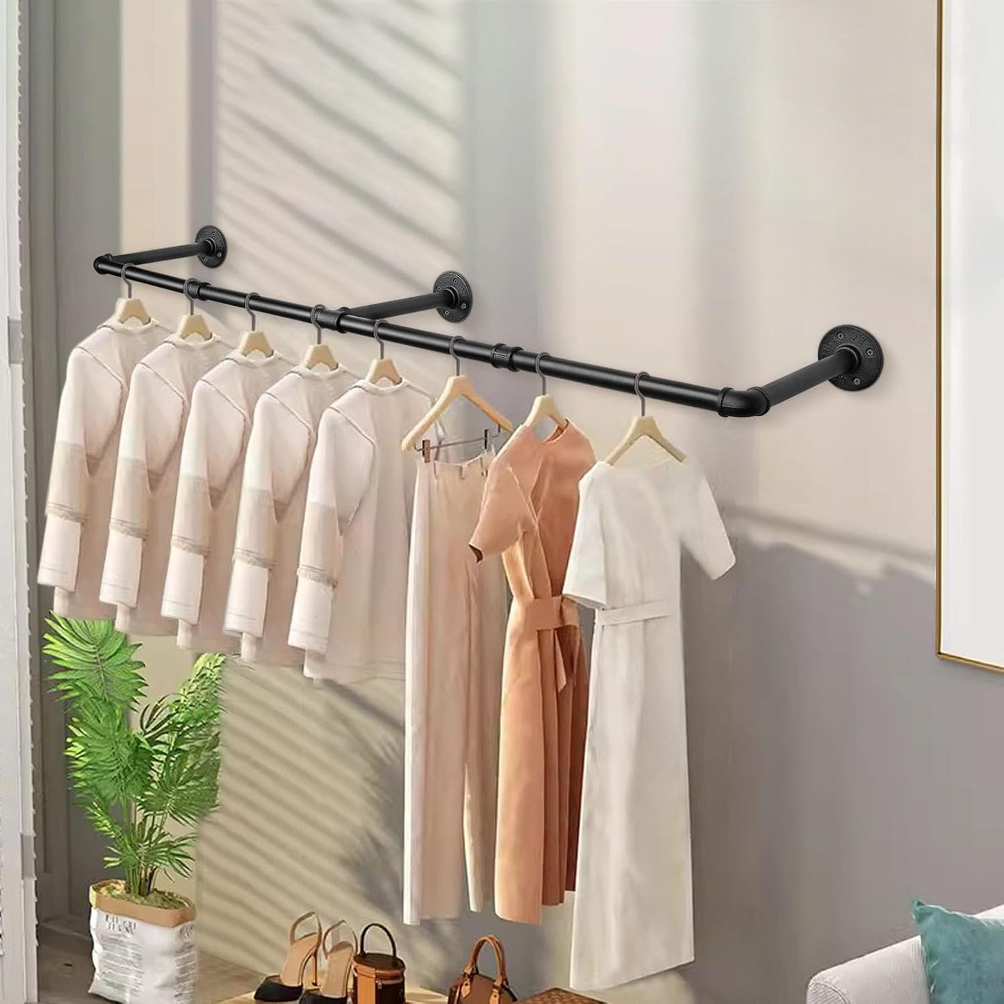 Industrial Iron Pipe Clothes Hanging Bar DIY Wall-Mounted Garment Rack Heavy Duty Clothing Rack for Bedroom, Laundry Room, Closet Storage (Black 60 inch)