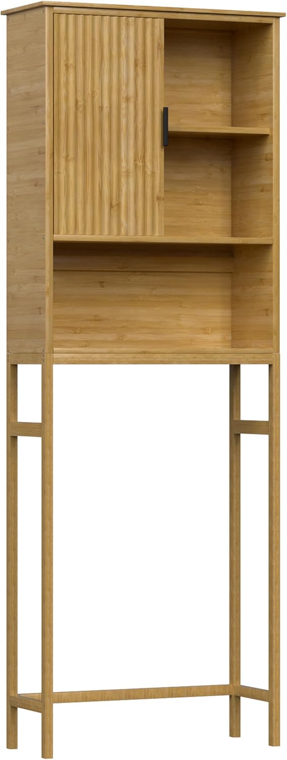 BlueWish Over The Toilet Storage Cabinet, Bamboo Over Toilet Storages with Fluted Door, Over The Toilet Cabinet Bathroom Organizer, Bathroom Shelf Over The Toilet, Storage Rack, Natural