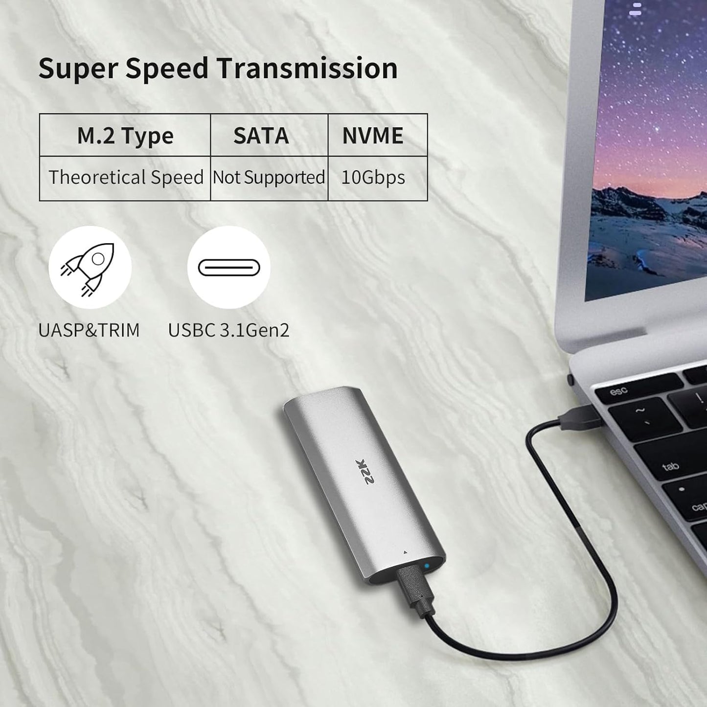 SSK M.2 NVMe Enclosure, Tool-Free SSD Enclosure Adapter, USB C 3.2 Gen 2 10Gbps PCIe MKey External Solid State Drive Case, Support UASP Trim for 2230/2242/2260/2280 (SATA NOT Supported)